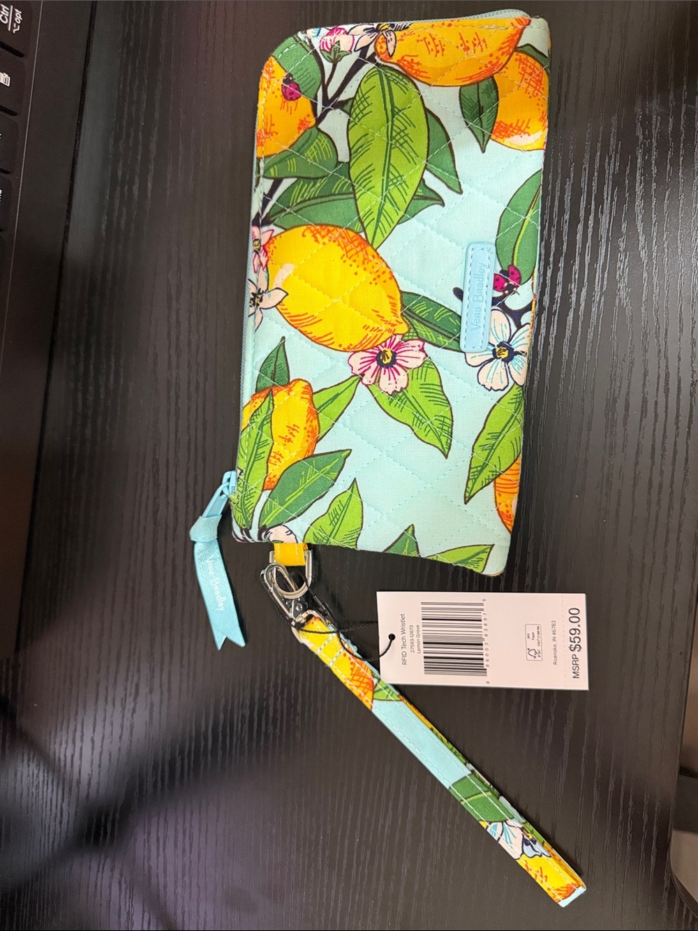 Vera Bradley Lemon Print Wristlet in Aqua and Yellow